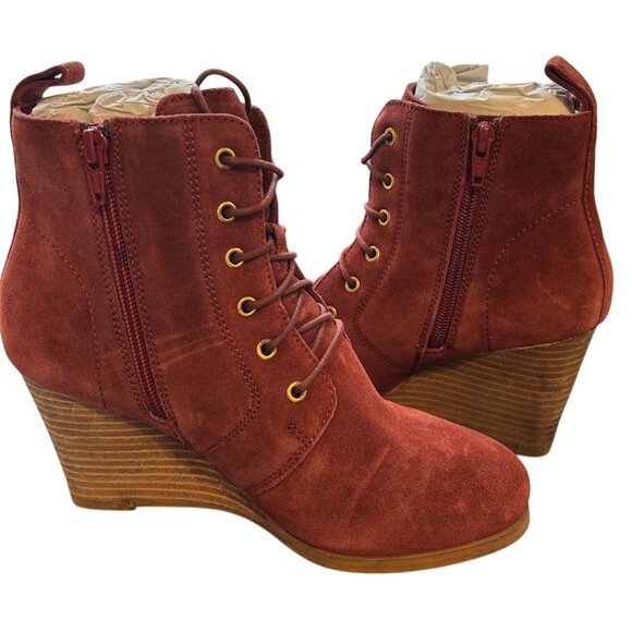 Diba Blake Suede Bootie Women’s 7 Burgundy Leather Upper Wedge Heel Ankle Boots - Picture 12 of 13